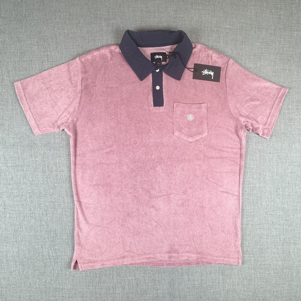 Stussy Polo Shirt Mens Medium Purple Reverse Terry Cotton Pocket Logo Casual